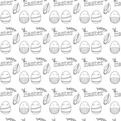 Black and white seamless pattern featuring decorated Easter eggs anthropomorphic couple, tulips, and - Happy Easter - text for coloring page. Ideal for kids, wrapping paper, and festive activities.