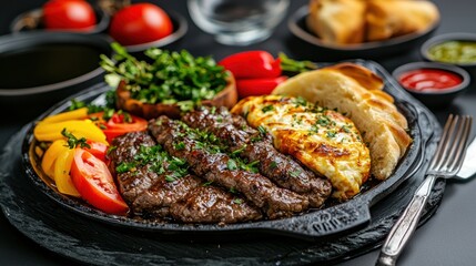 Close up of grilled kebab meat with fried egg tomatoes bread pepper and fresh herbs in cast iron plate