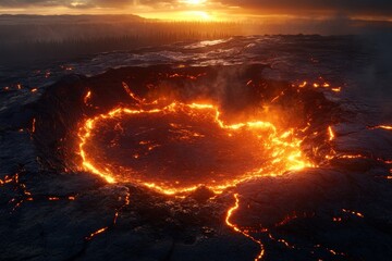 A dramatic volcanic crater emits glowing lava against a stunning sunset backdrop, highlighting nature's raw power and beauty.