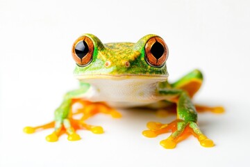 Eye to Eye with Vibrant Green Tree Frog on Clean White Background