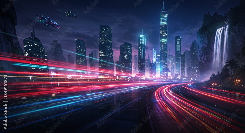 Poster a cityscape with a waterfall in the background
