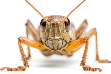 Close Up of Brown Grasshopper Insect Facing Camera on White Background
