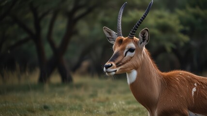 Fototapeta premium Close-up of a deer in a forest. A reddish-brown deer with dark horns, in a grassy field, facing the right, with a blurred background of trees