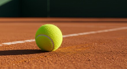 A tennis ball is sitting on the ground in front of a tennis court