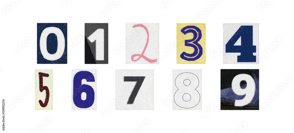 Poster isolated numbers cutout from magazines, retro style colorful set on transparent background