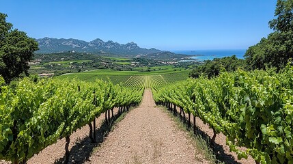Obraz premium Under a clear blue sky, a lush green vineyard landscape stretches out, its perfectly aligned grapevines basking in sunlight, promising a bountiful harvest.