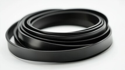 Naklejka premium Close-up of a neatly coiled black leather cord, showcasing its smooth texture and subtle sheen. Perfect for crafting or design projects.