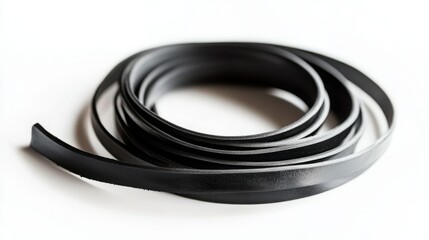 Naklejka premium Close-up of a coil of sleek, black leather cord, ideal for crafting or design projects. The texture is smooth with a subtle sheen.
