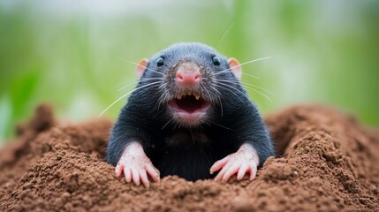 Curious Mole Emerging from Dug Hole, Close-up Wildlife Portrait With Open Mouth in Natural Habitat