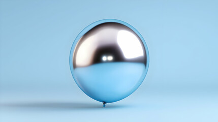 Shiny Silver and Light Blue Round Balloon on Pastel Background