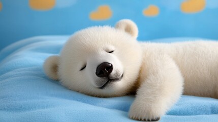 Adorable Sleeping Polar Bear Cub on Soft Blanket with Light Blue Background and Fluffy Clouds