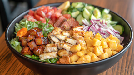 Colorful salad bowl with grilled chicken, fresh vegetables, and fruits at a casual dining spot