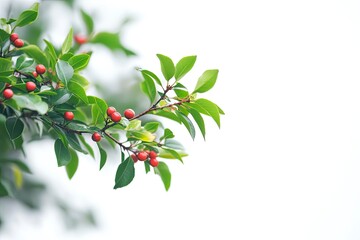 Obraz premium Holly Branch with Red Berries and Green Leaves Against White Background