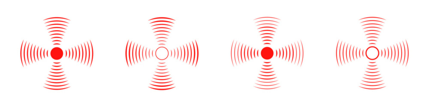 Set of vector red radar, device waves vector icons 
