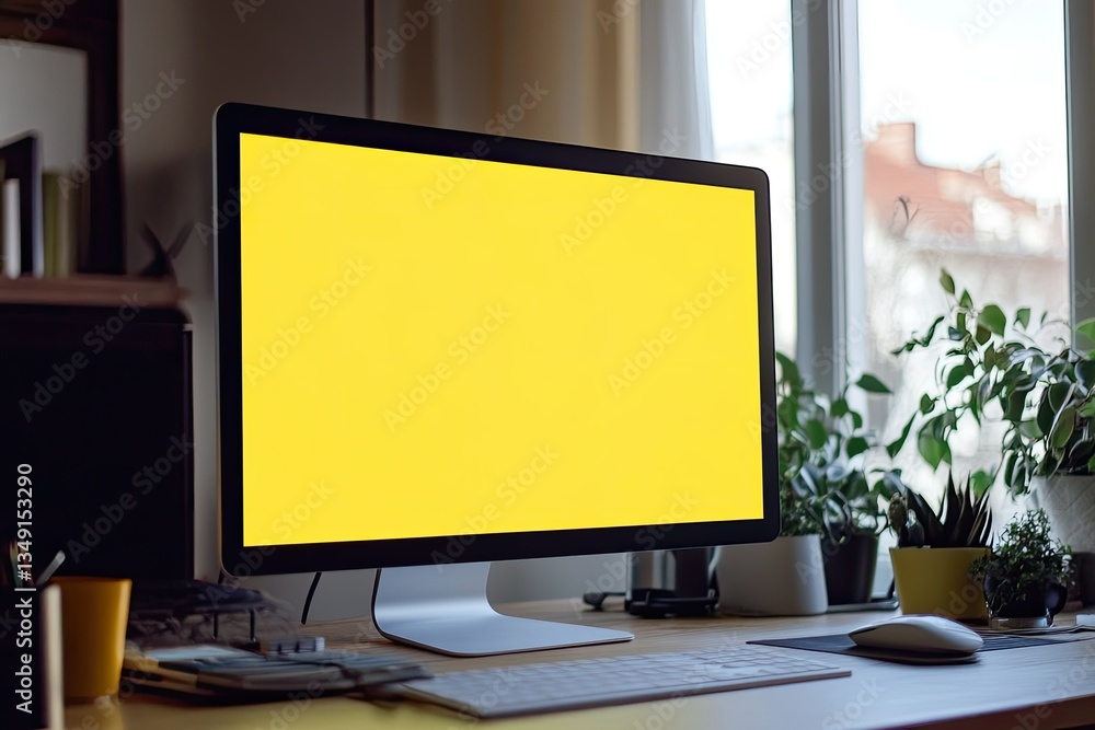 Poster high quality visual of a yellow screen with the word mock up on it
