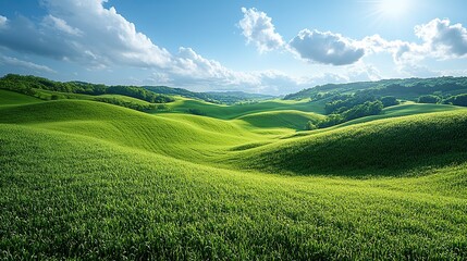 Obraz premium Under a vibrant blue sky with fluffy white clouds, lush green grass covers rolling hills, creating a picturesque, serene landscape.