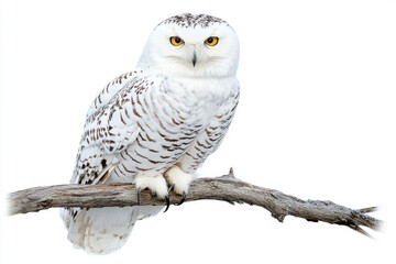 Snowy Owl Perched on Branch with Intense Gaze Animal Portrait