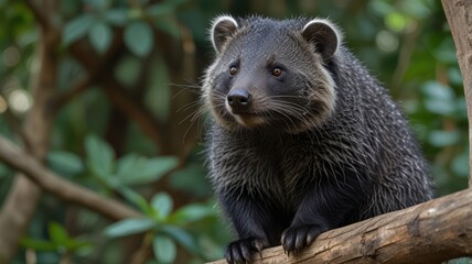 Obraz premium Close-up of a gray-brown mammal on a branch in lush greenery. A small, furry creature sits attentively, its eyes forward, against a blurred background of foliage