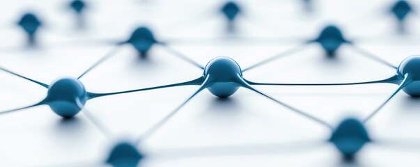 A close-up view of interconnected blue spheres, representing a network or molecular structure, highlighting themes of connection and technology.