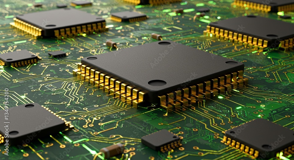 Poster A close up of a circuit board with many small components