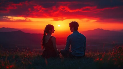Couple Watching Sunset Over Mountains With Red Sky Silhouette