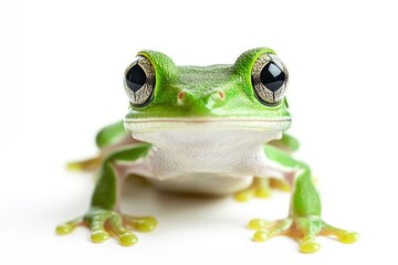 Green Tree Frog Facing Camera on White Background in Studio Shot