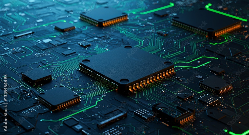 Fototapete a close up of a computer chip with a green background
