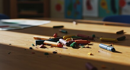 Fototapeta premium Scattered Crayons on a Wooden Table Ready for Coloring Time
