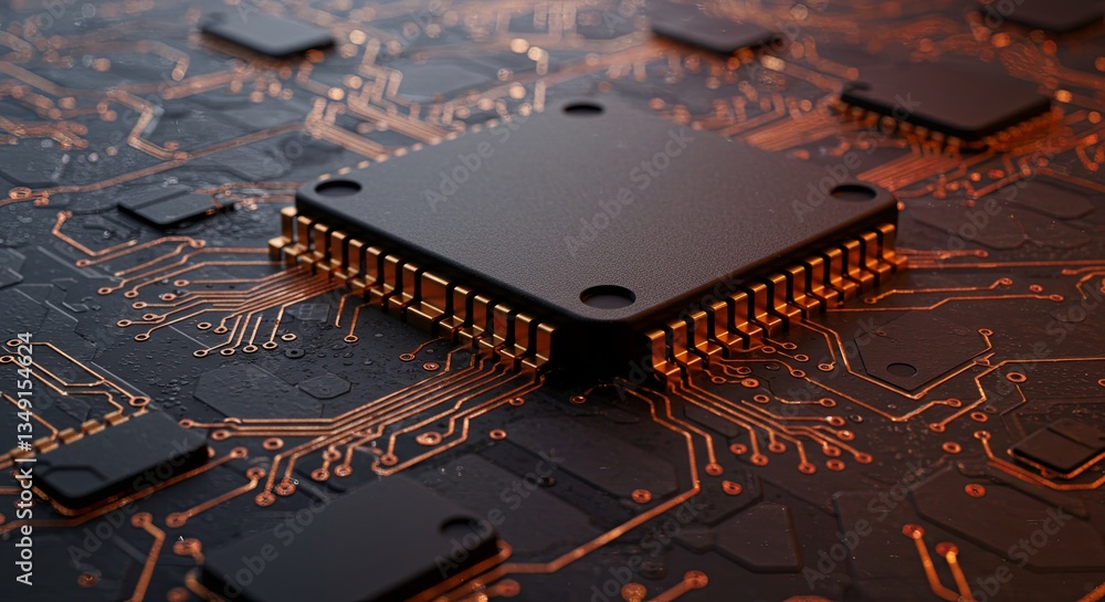 Aufkleber a black computer chip with gold colored pins on it