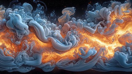 Obraz premium Abstract cosmic nebula, swirling vibrant blue and fiery orange ink clouds. Stunning visual for science fiction, fantasy, or design projects. Highresolution image, ideal for large prints digital use.