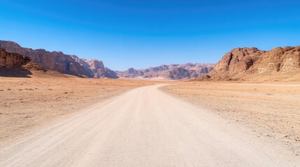 Empty desert road extends into the distance under a clear sky.  Rocky mountains flank the path