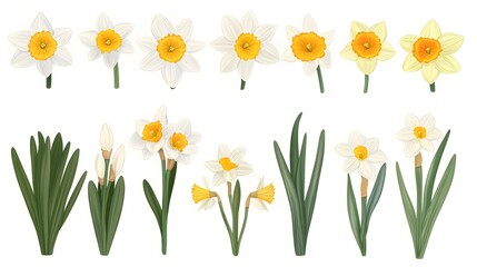Professional Vector Set of White and Yellow Daffodils Cartoon Illustration for Various Usages