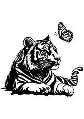 Black and white vector illustration of a tiger with butterfly. Perfect for engraving, laser cutting, tattoo design, logo, line art, and vector sketch. Wild animal and predator theme.