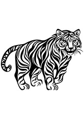 Obraz premium Black and white vector illustration of a tiger. Perfect for engraving, laser cutting, tattoo design, logo, line art, and vector sketch. Wild animal and predator theme.