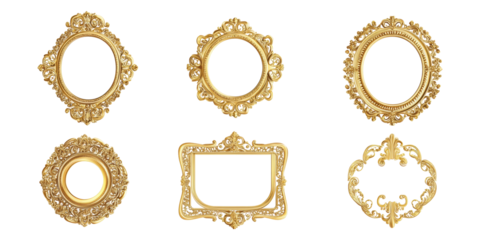 Ornate Gold Frames Collection. Elegant Vintage Design For Art And Decor Isolated On Transparent Background