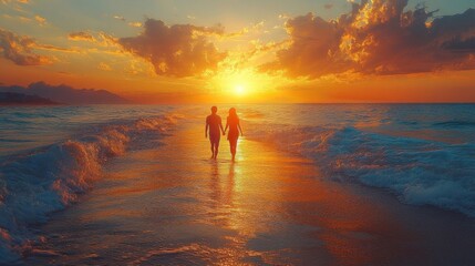 Fototapeta premium Silhouette Couple Walking on Beach Shoreline at Sunset in Warm Golden Hour Lighting