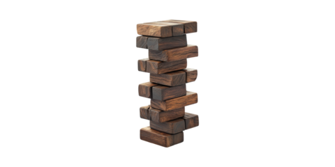 Stacked Wooden Blocks Tower. Symbol Of Balance, Strategy, And Risk In Games Isolated On Transparent Background
