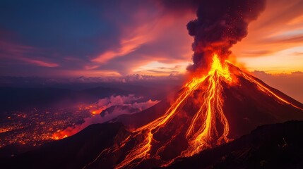A breathtaking view of an erupting volcano, with glowing lava flows and dark smoke against a colorful sunset sky.