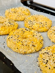 Homemade high protein cottage cheese bagels with sesame seeds