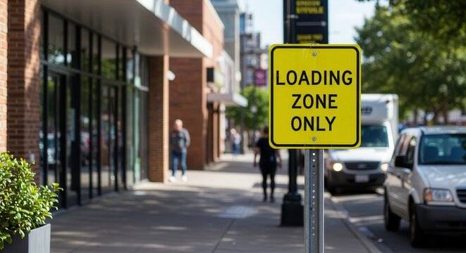 Loading Zone Sign on City Sidewalk with People and Cars
