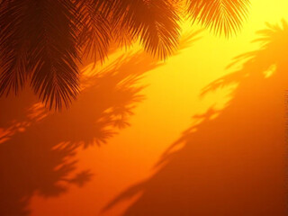 Tropical palm leaves and shadows on a warm sunset gradient