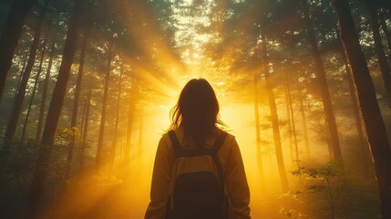 Woman Walking Into Sunlit Forest Path With Golden Sunlight Rays And Backpack