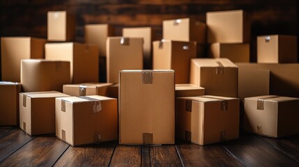 Fototapeta premium Many cardboard boxes of various sizes are stacked on a dark wooden floor against a wooden wall.