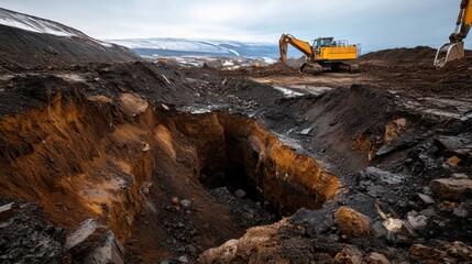 A construction site showing heavy machinery working on a large excavation, revealing deep earth layers under a cloudy sky.