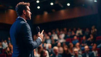 Confident motivational speaker man speaking to an audience at business conference