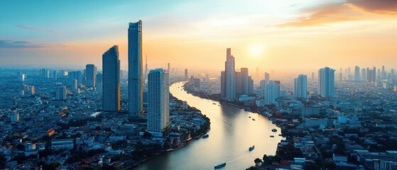 Stunning Cityscape at Sunset Over River with Skyscrapers and Skyline
