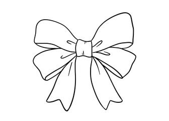 Coquette bow outline drawing, vector illustration isolated on white, cute doodle ribbon