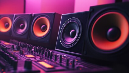Studio Sound System: High-Fidelity Audio Equipment in Vibrant Pink Lighting