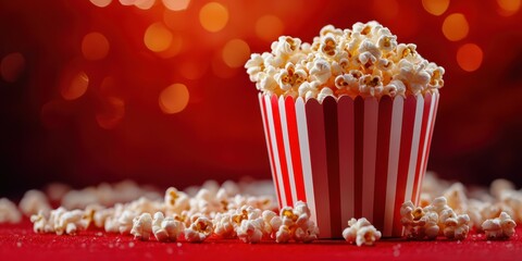 Delicious popcorn overflowing in a striped cup against a vibrant red background with soft glowing lights