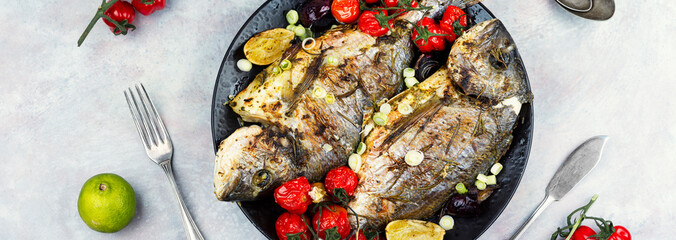 Grilled dorado fish with lemon, rosemary and vegetables.